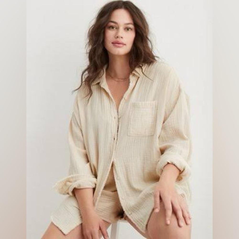 Aerie Beige Textured Blouse